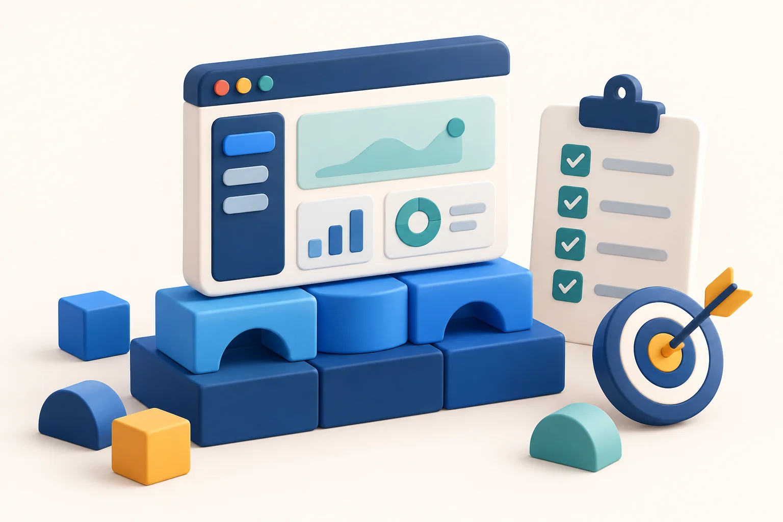 Illustration en 3D d’une application SaaS sur un socle modulaire, accompagnée d’une liste de quatre points à valider et d’une cible.